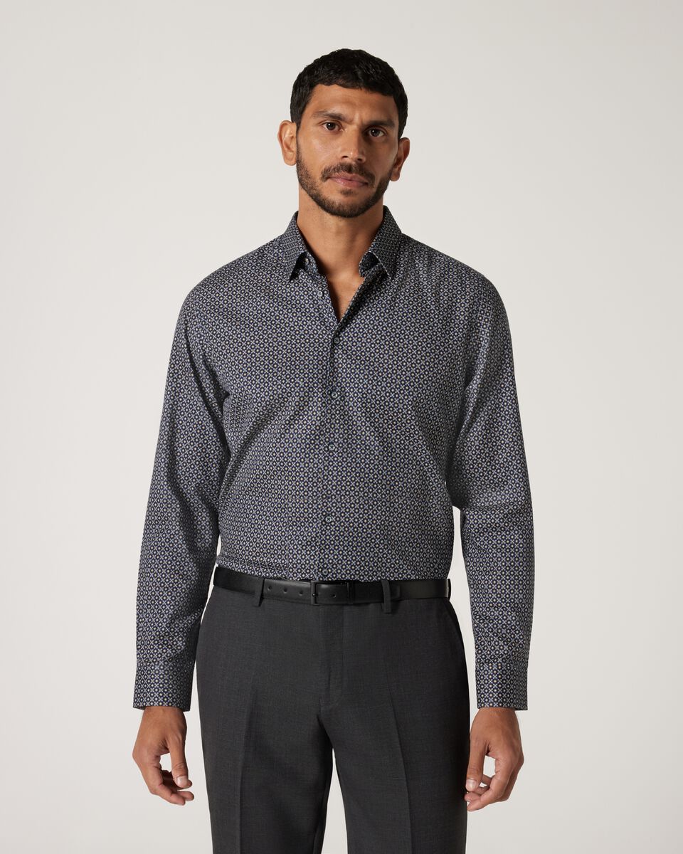 Slim Italian Floral Long Sleeve Shirt, Navy, hi-res